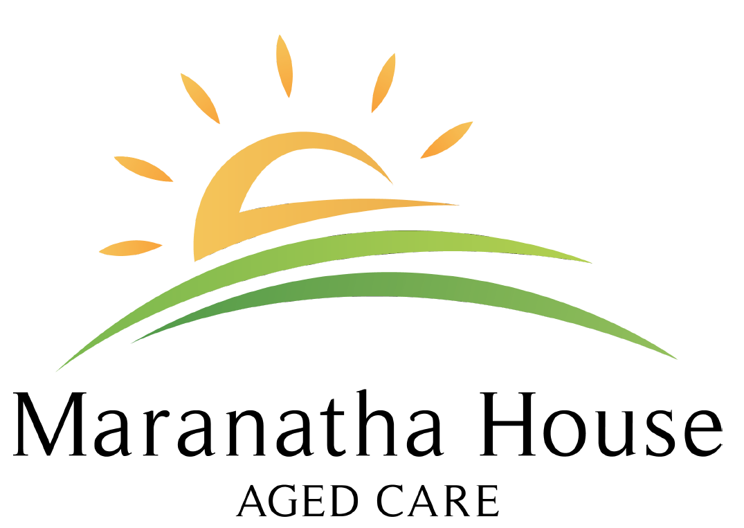 Logo for Maranatha House Aged Care: a rising gold sun above green curved lines over text.