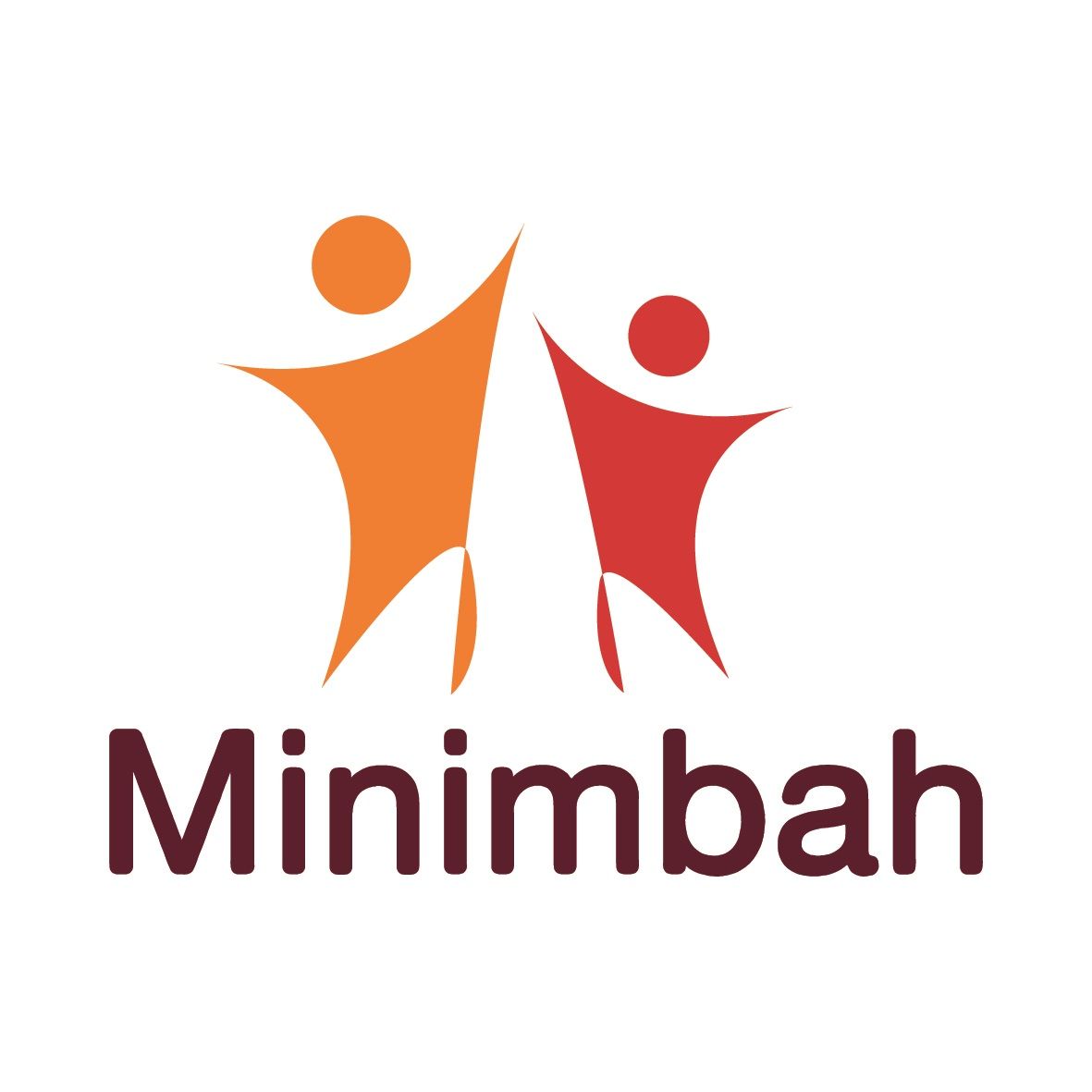 Two abstract figures with raised arms, orange and red, next to the word 