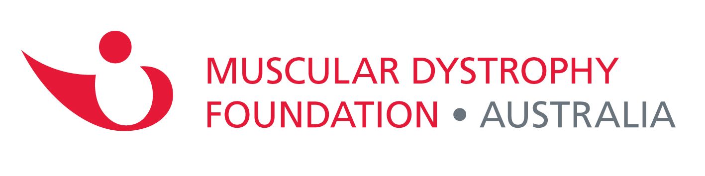 Red logo with figure and text: Muscular Dystrophy Foundation Australia.