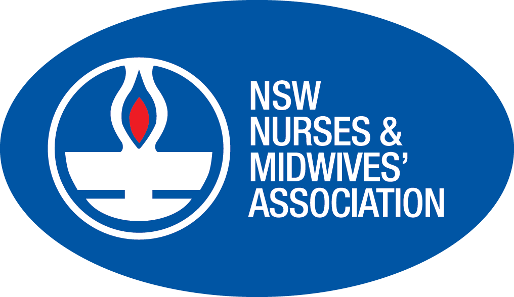 Blue oval with the NSW Nurses & Midwives' Association logo. White emblem with a flame.