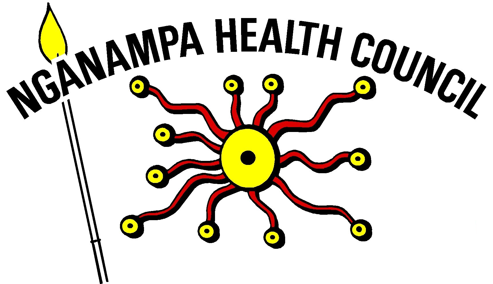 Logo for Nganampa Health Council: text arches over a stylized red, yellow and brown sun design and a yellow flame on a white staff.