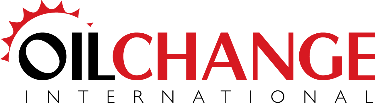 Logo of Oil Change International. Text is red and black, with a red sunburst graphic.