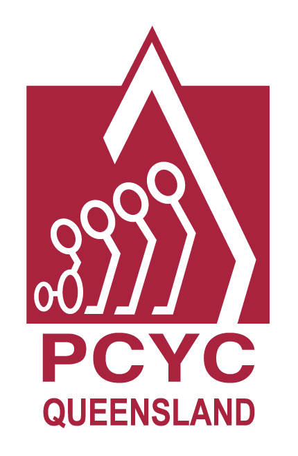 PCYC Queensland logo in maroon: stylized people ascending a mountain, with 