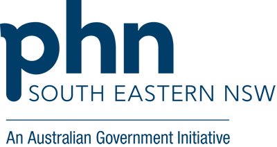 Logo for PHN South Eastern NSW, dark blue text on white. Includes 