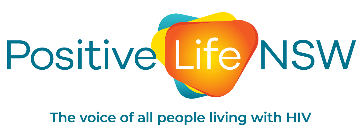 Logo of Positive Life NSW, with a graphic of layered abstract shapes in blue, yellow, and orange. Text below reads, 