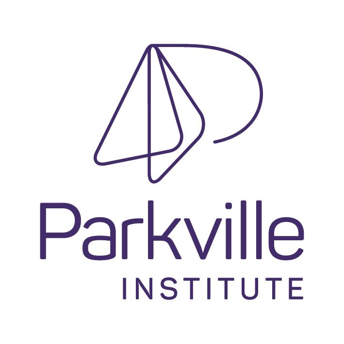 Logo for Parkville Institute, purple text and geometric shapes.