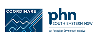 Logo for COORDINARE, a PHN for South Eastern NSW. Features dark blue and white abstract lines and text.