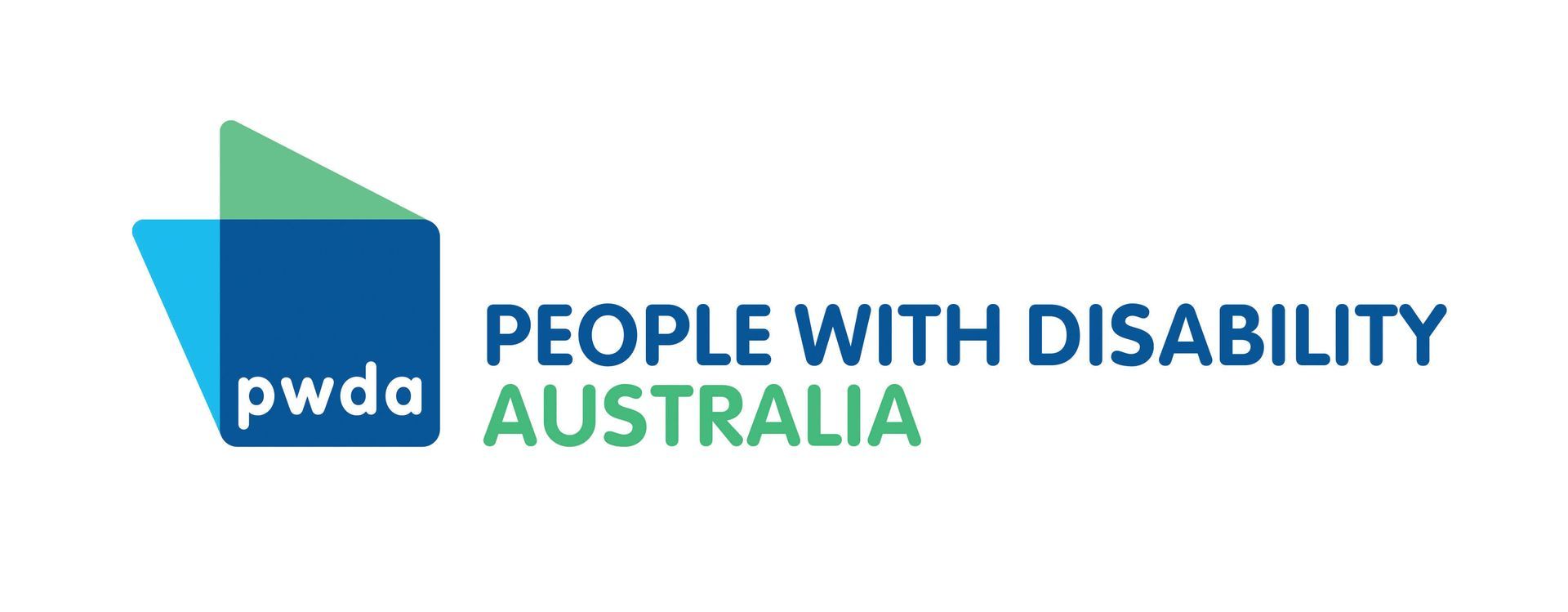 Pwda logo with a blue square and green shapes, with text 