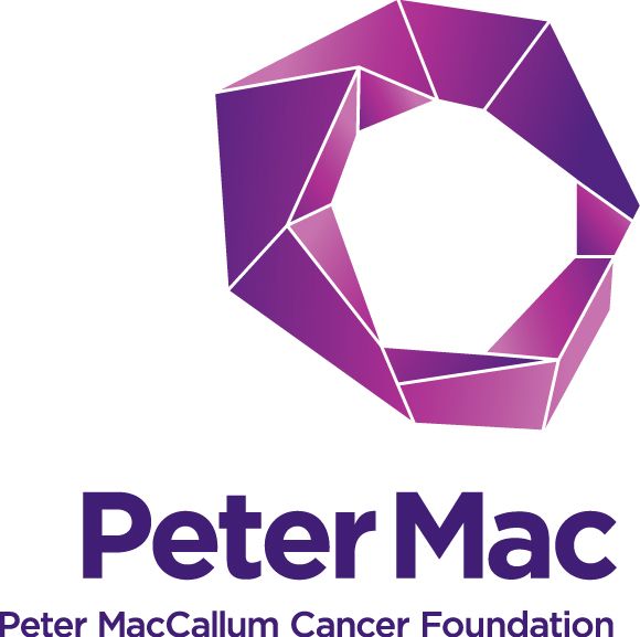 Peter Mac logo: Purple faceted shape, with 