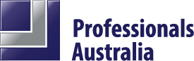 Logo for Professionals Australia, featuring a blue square with a silver and white L-shape inside, and text.