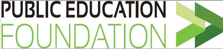 Logo for Public Education Foundation with black text and green geometric shapes.
