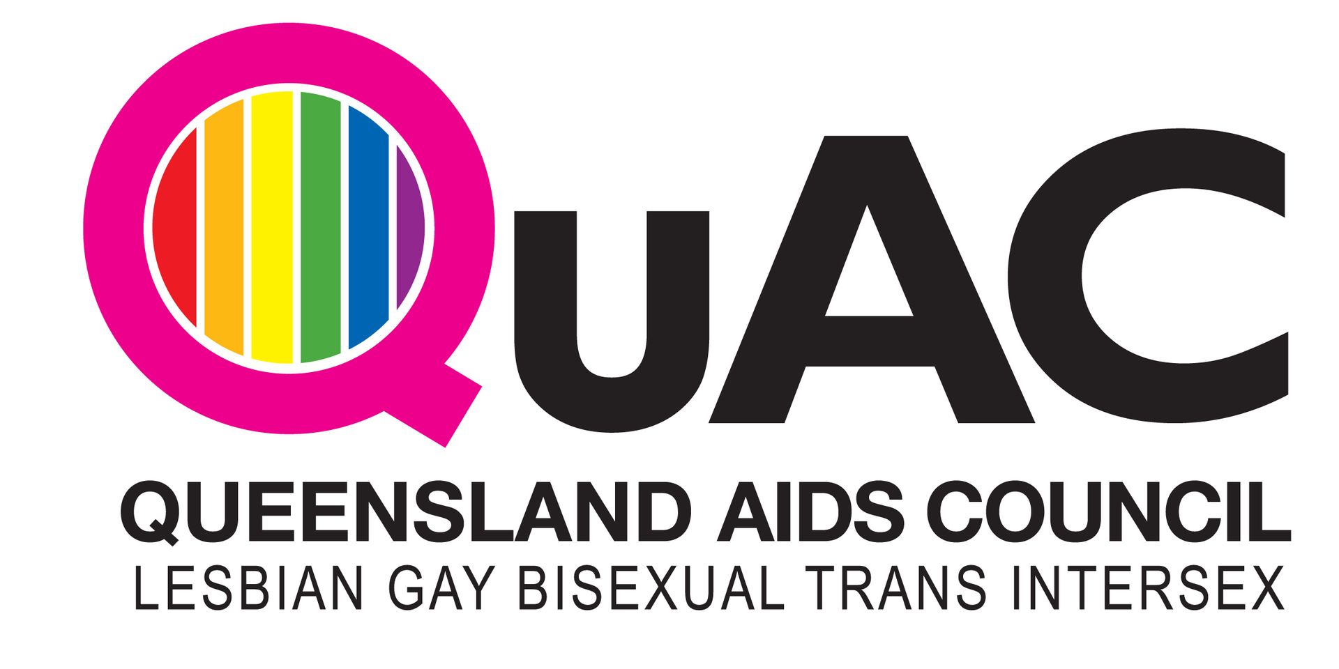 Logo for Queensland Aids Council with a rainbow-colored 