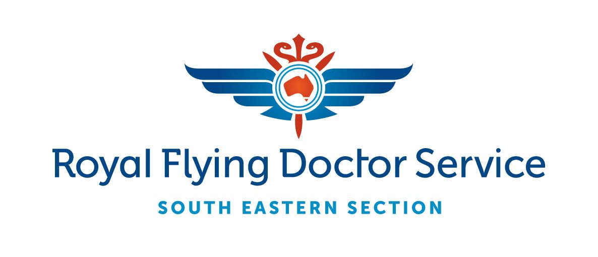 Logo of Royal Flying Doctor Service - South Eastern Section. Blue wings and red and white emblem with Australian map.