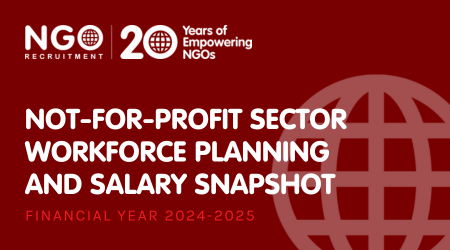 Red graphic for NGO Recruitment. Title: Not-for-Profit Sector Workforce Planning and Salary Snapshot, Financial Year 2024-2025.