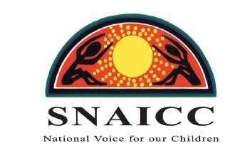 SNAICC logo: Aboriginal figures reaching towards a yellow sun, orange dotted background, text: SNAICC, National Voice for our Children.