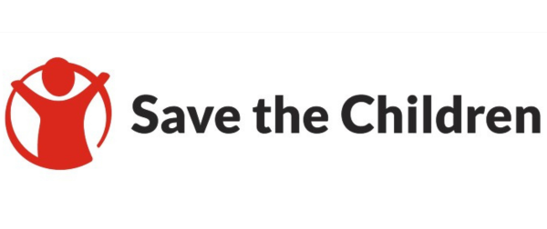 Save the Children logo: Red figure with arms outstretched, next to 
