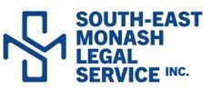 Blue logo of South-East Monash Legal Service Inc. Text beside a stylized letter 
