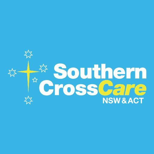 Southern Cross Care NSW & ACT logo on blue background; white text with yellow cross and Southern Cross constellation.