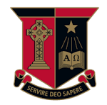 Shield emblem: red and black sections with cross, star, open book, and motto 
