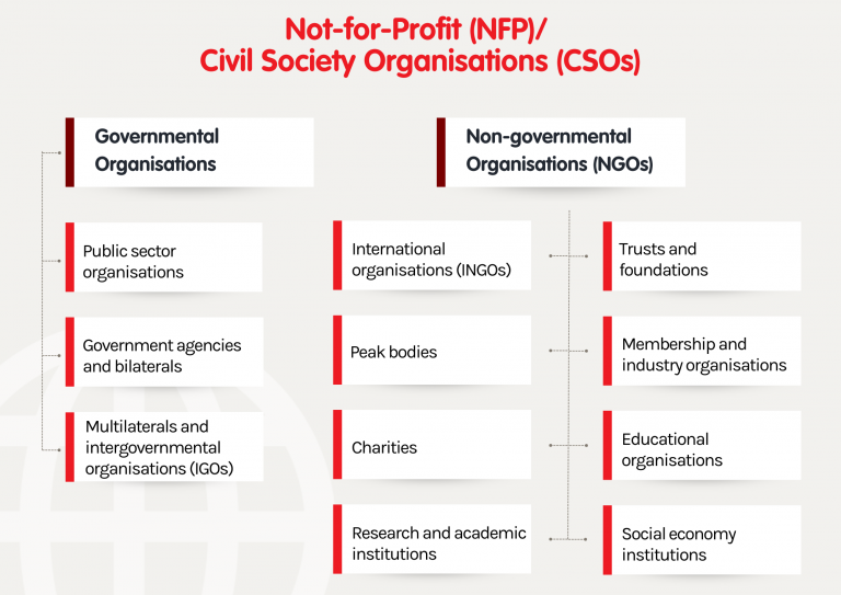 Flowchart of Not-for-Profit/Civil Society Organisations (CSOs) divided into governmental and non-governmental categories.