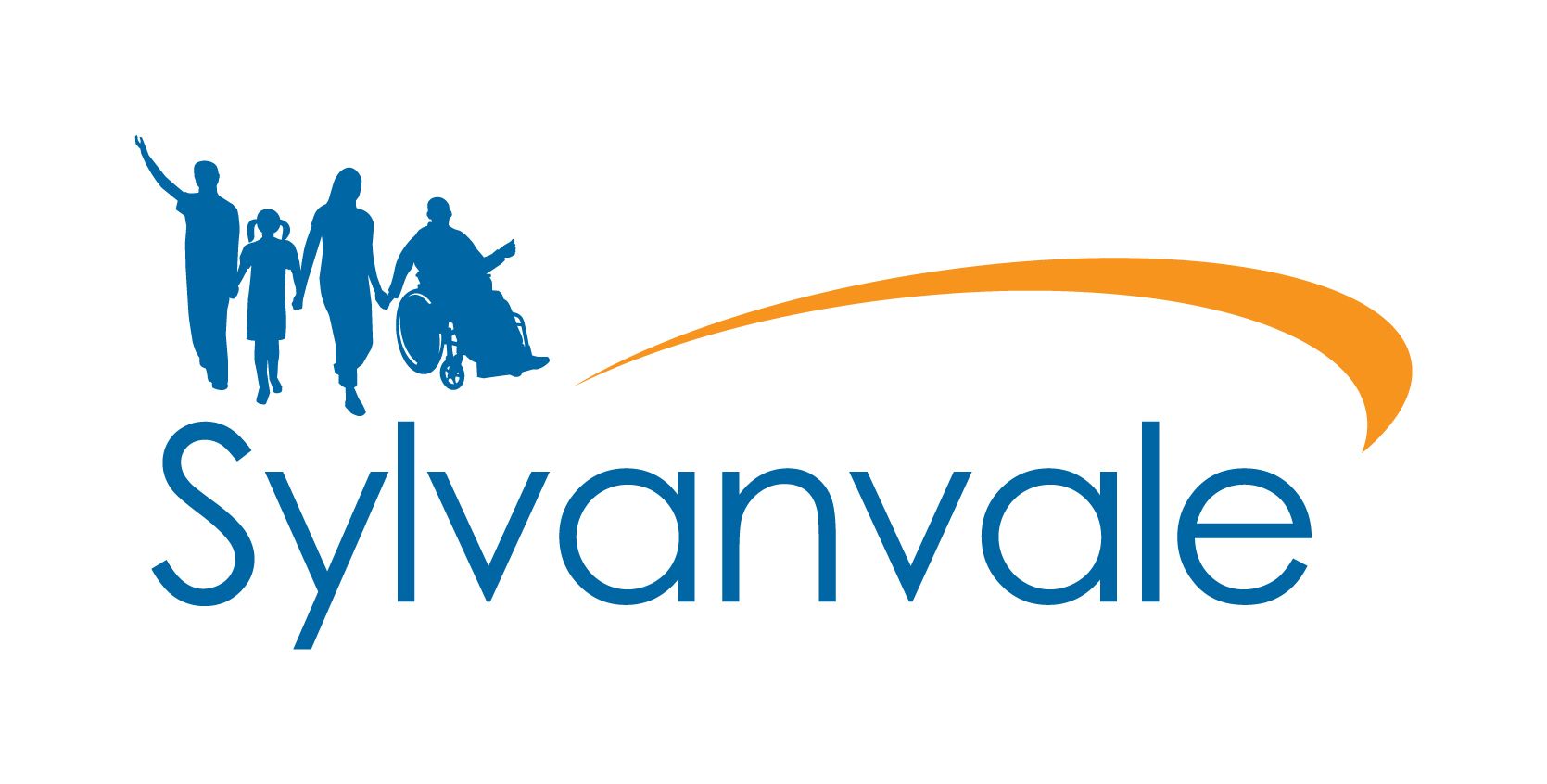 Silhouette of a family with a person in a wheelchair, with the word 