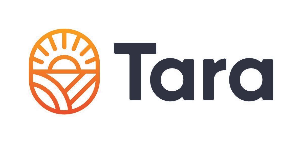Tara logo with a stylized sun over fields in orange and navy.