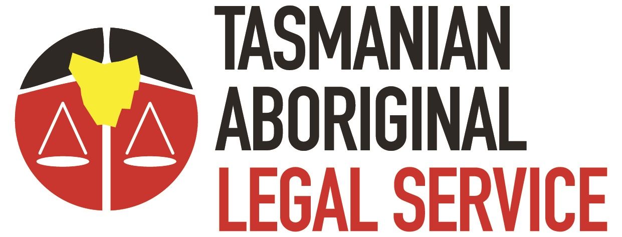 Logo of Tasmanian Aboriginal Legal Service: A red and black circle with scales, and a yellow Tasmania outline.