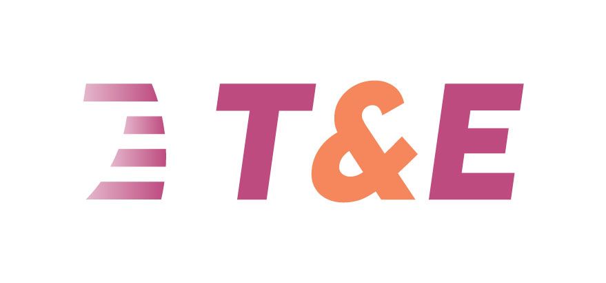Logo with stylized letter forms. Pink left-aligned element, pink “T & E” and orange ampersand.