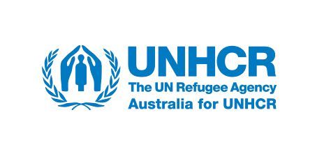 UNHCR logo: Blue hands shelter a person within a wreath; 