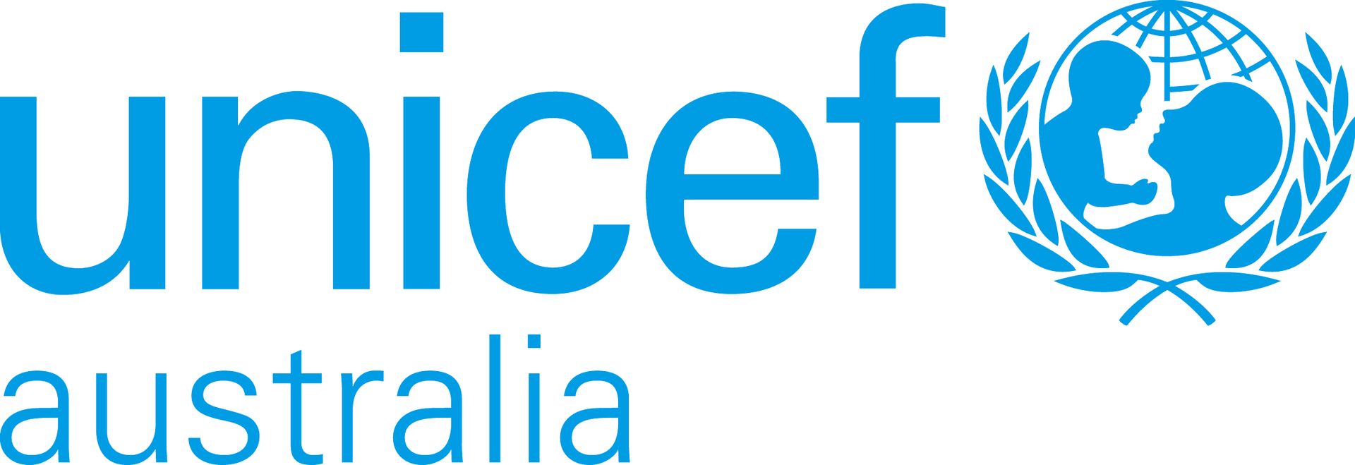 UNICEF Australia logo: blue text and globe symbol with silhouettes of a mother and child.