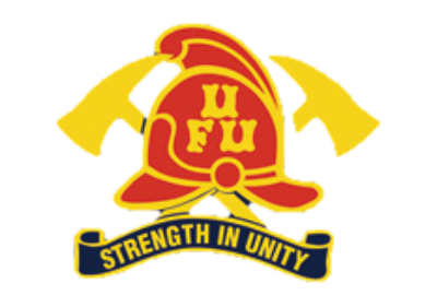 Emblem with a red firefighter helmet, crossed yellow axes, and 