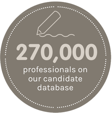 Circle graphic with pencil icon and text: 270,000 professionals on candidate database.