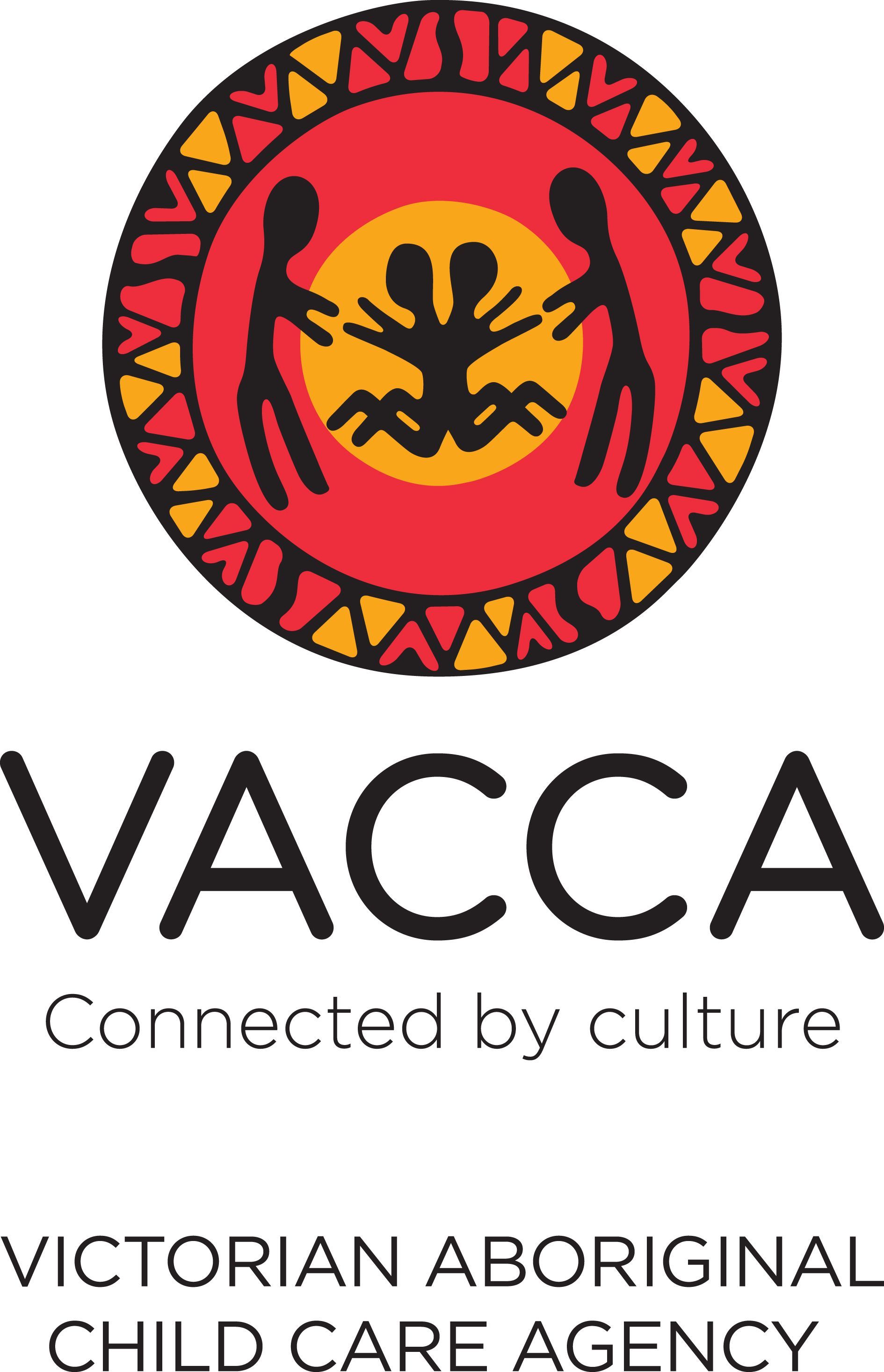 Logo for VACCA: Two figures, central design, circle border, red, yellow, and black. Text: VACCA and 