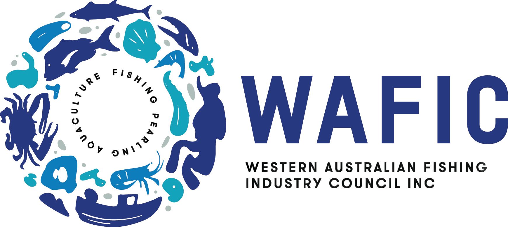 Logo for WAFIC: Blue circle of sea creatures around text 