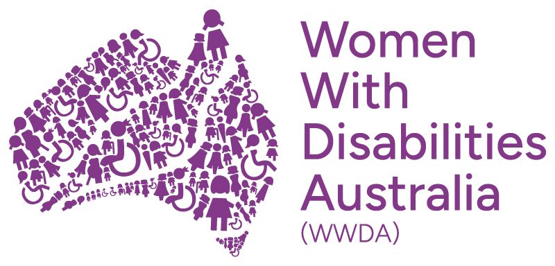 Purple graphic of Australia made of silhouettes, including women and wheelchair symbols, with text 
