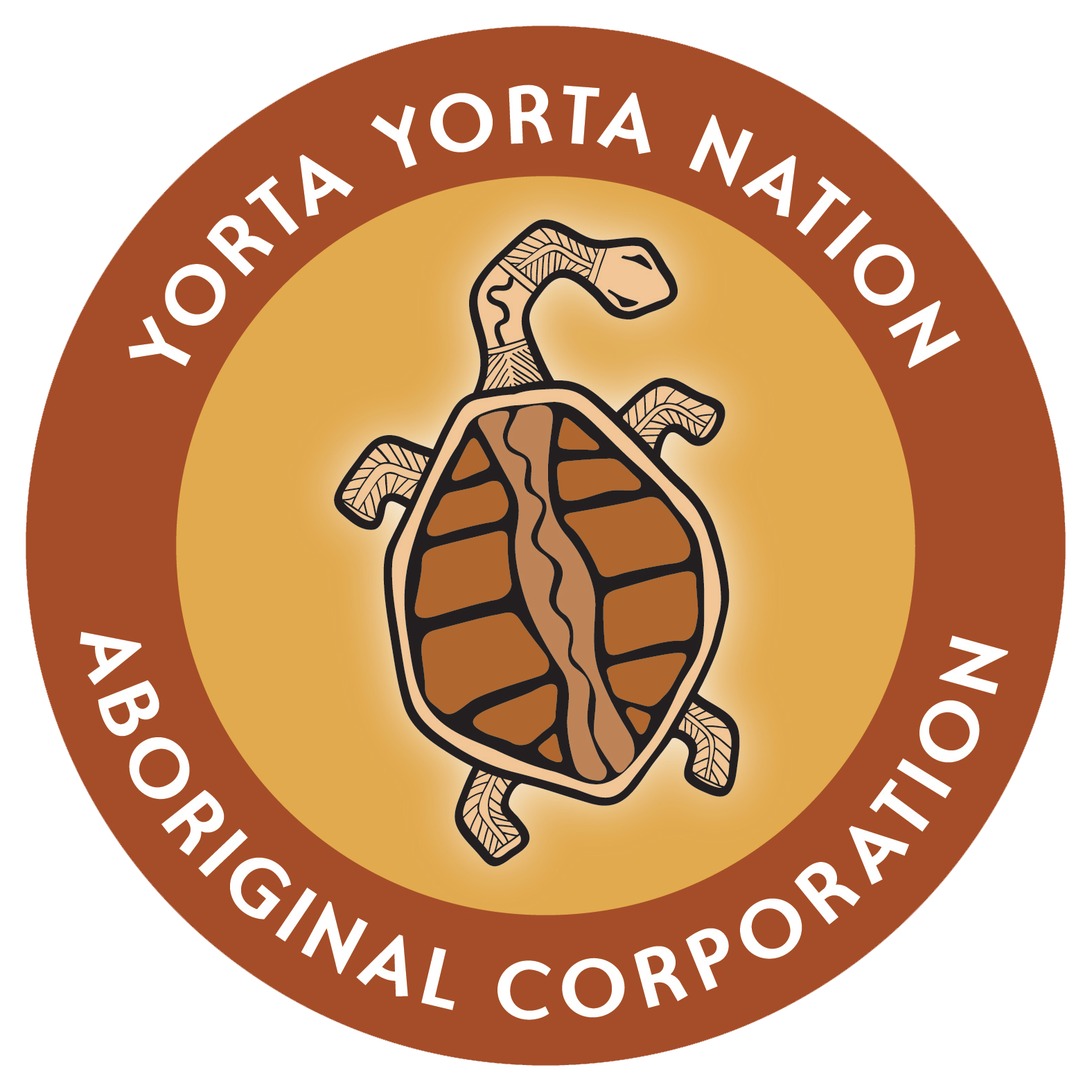 Logo for Yorta Yorta Nation Aboriginal Corporation: Turtle in tan circle with brown text.