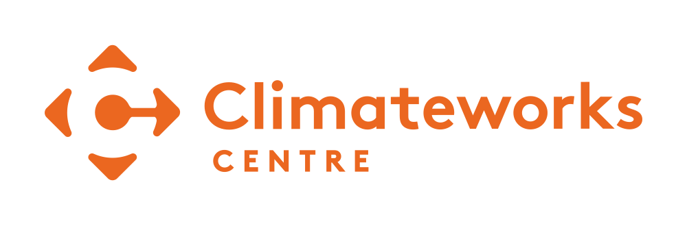 Climateworks Centre logo, orange arrows and circle with the text 