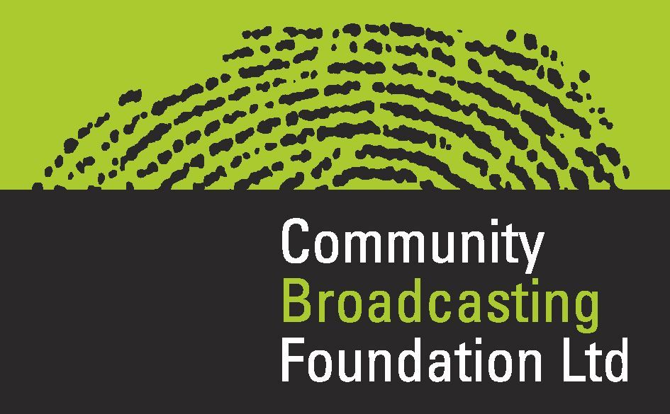 Logo for Community Broadcasting Foundation Ltd: Green fingerprint over a black and green background with white text.