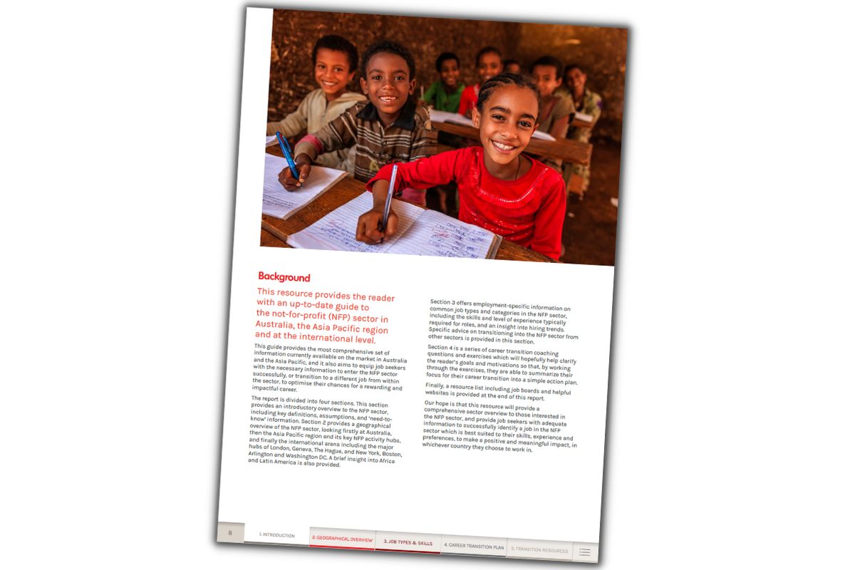Children smiling at a desk, red shirt. Text on page about education.