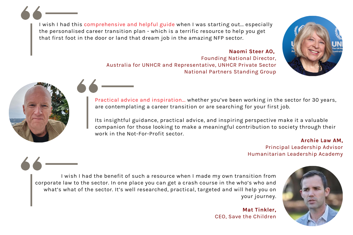 Testimonials with photos of three people, quotes, and author names.