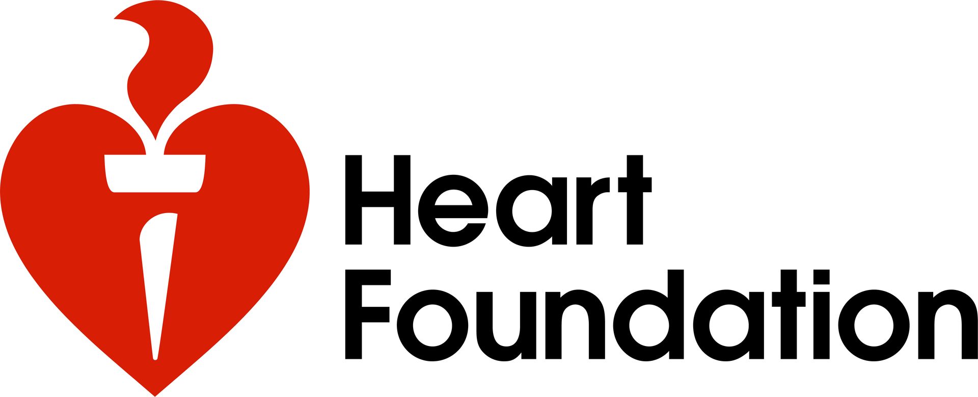 Logo of the Heart Foundation. Red heart with a torch, black text 