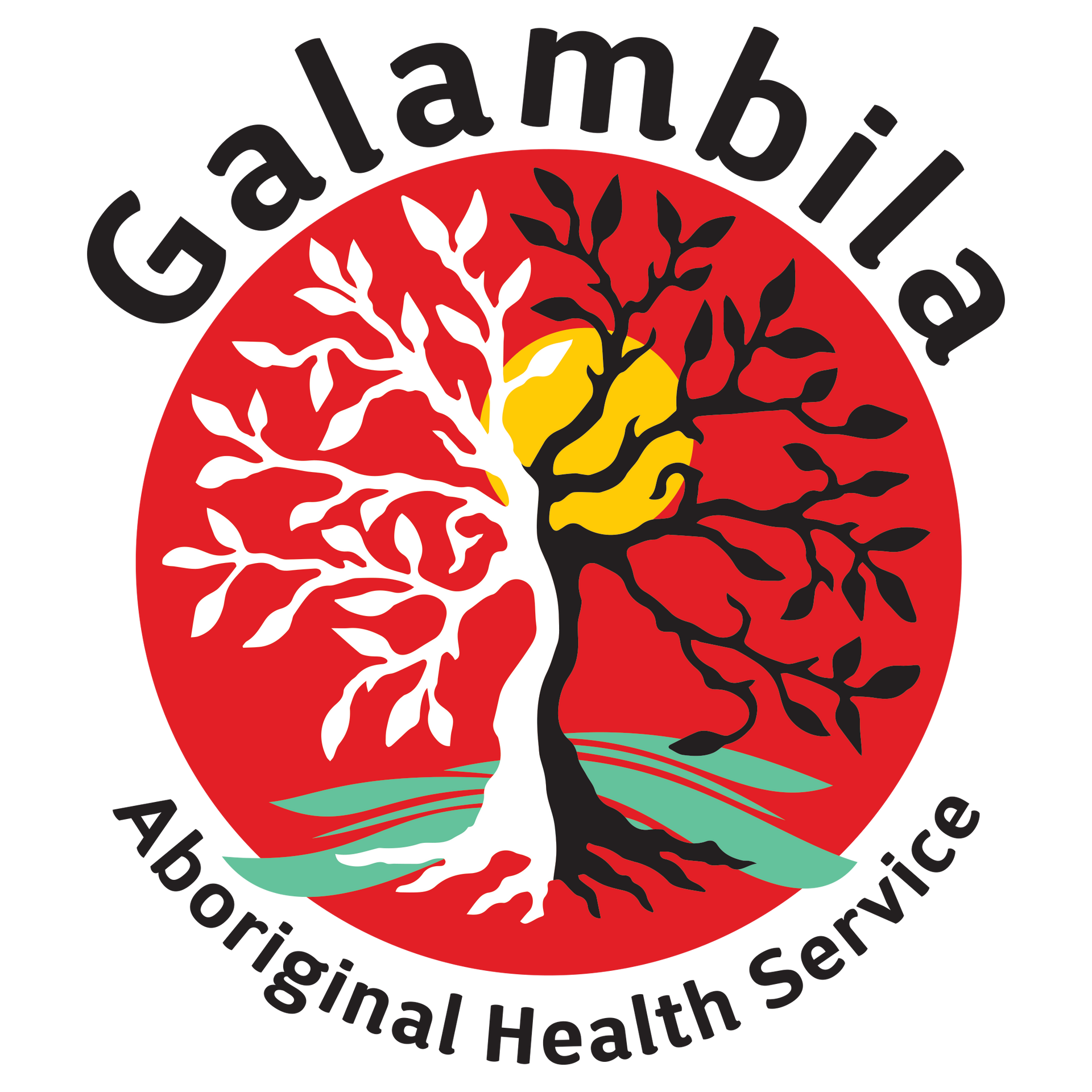 Logo for Galambila Aboriginal Health Service: tree, red circle, text, yellow sun.