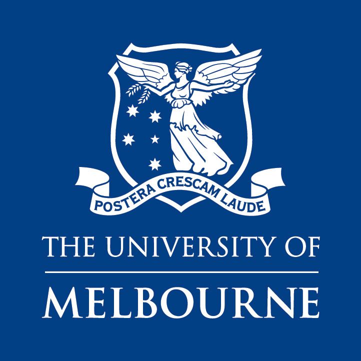 University of Melbourne logo: crest with winged figure, motto, and institution name in white on a blue background.
