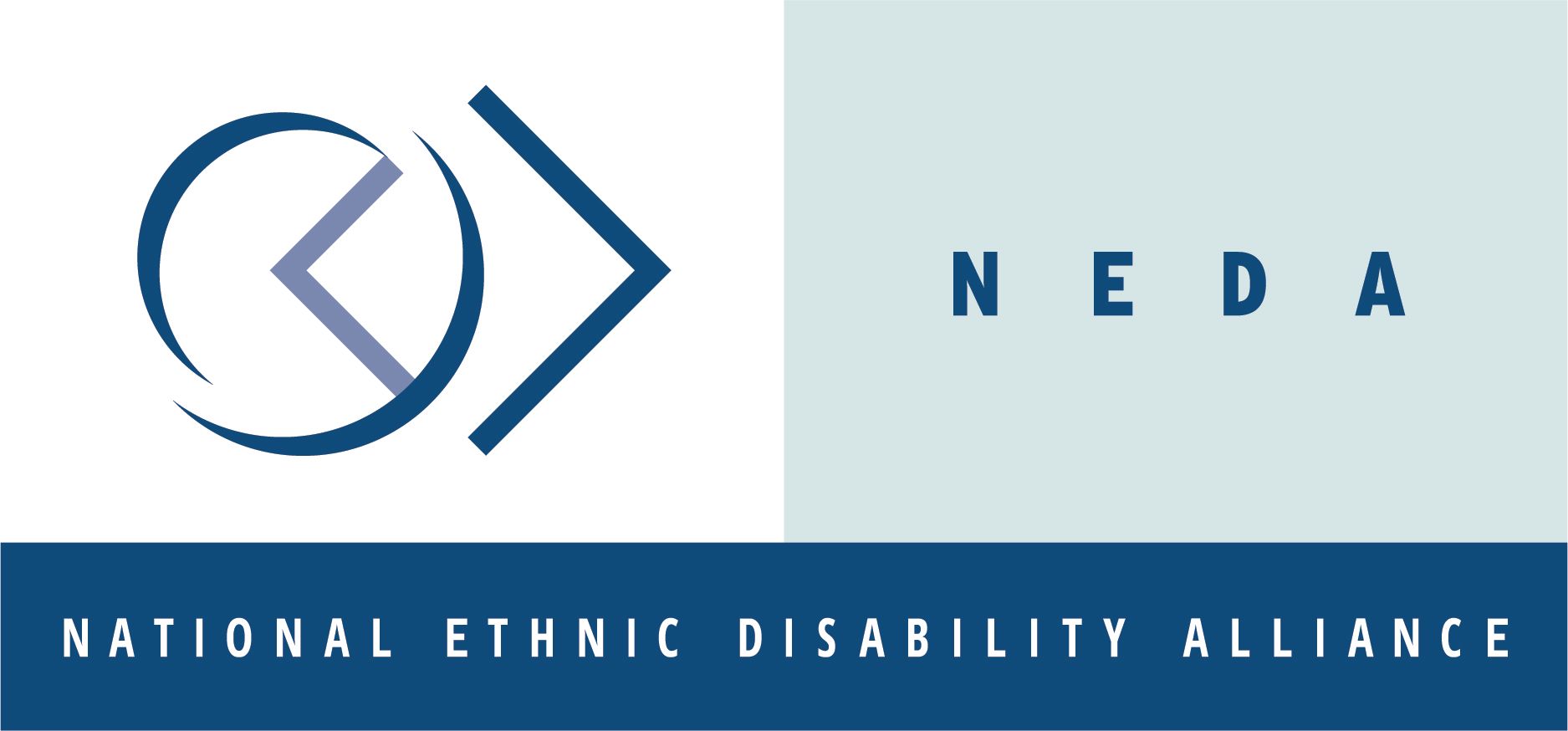 Logo of National Ethnic Disability Alliance (NEDA), featuring a blue eye-like symbol and text on a light blue background.