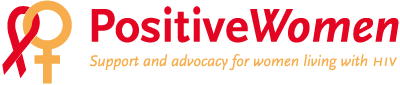 Logo for Positive Women: Red text, HIV ribbon and female symbol, 