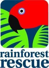 Red parrot with black beak over green leaves; 