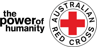 Australian Red Cross logo with a red cross in a white circle, surrounded by text, beside the phrase 