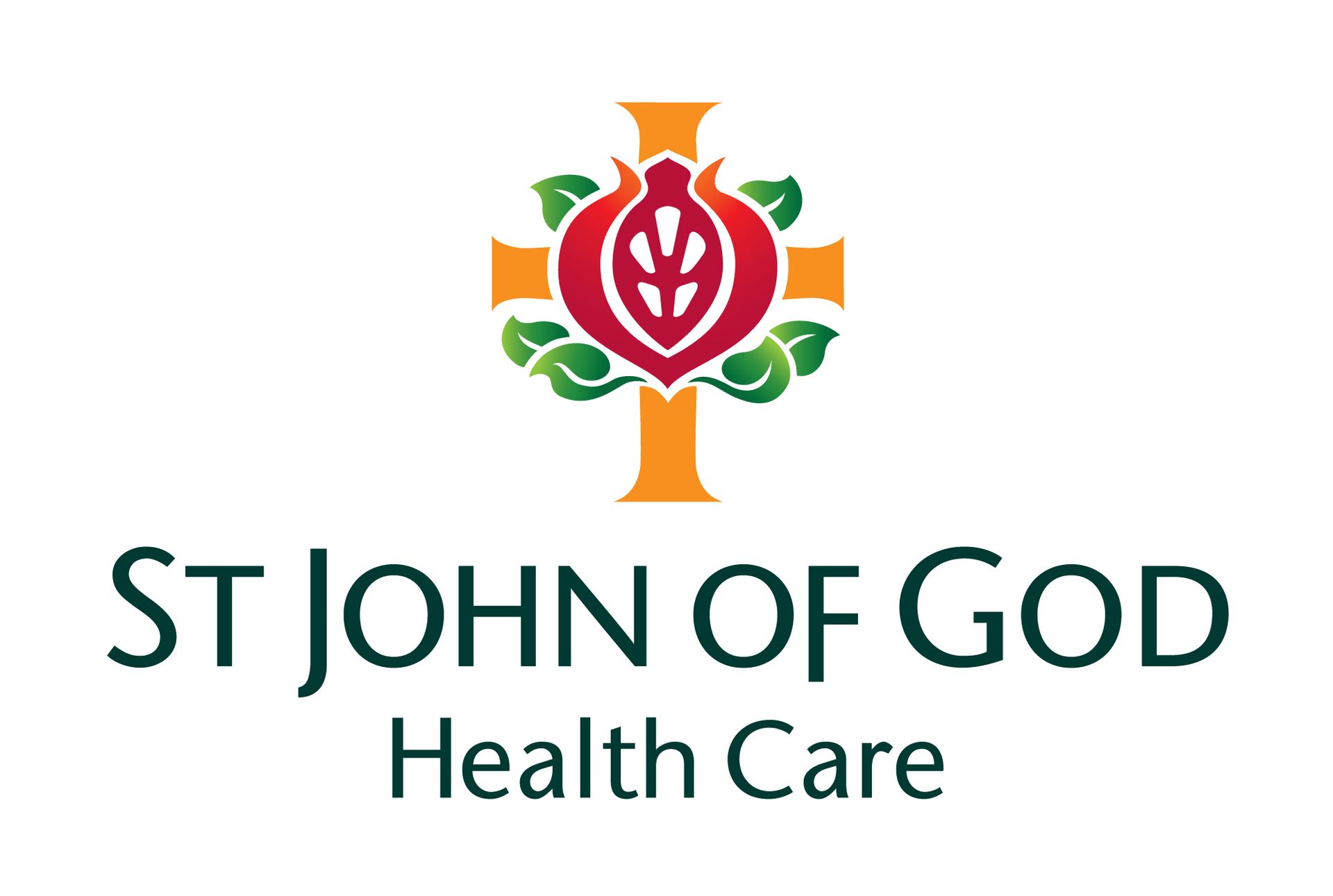 St John of God Health Care logo: orange cross with red flower, green leaves, and text 