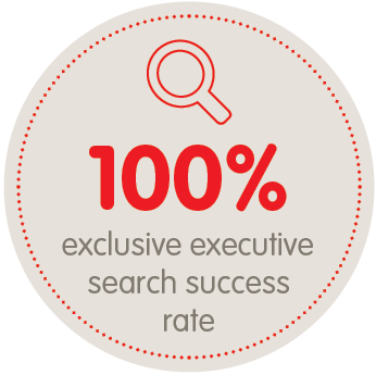 Badge with a red magnifying glass, "100% exclusive executive search success rate" in red and gray.