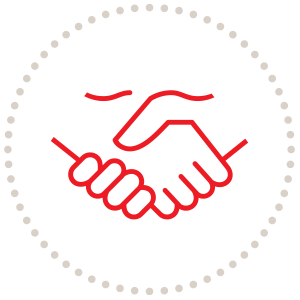 Red outline of two hands shaking, inside a dotted circle.